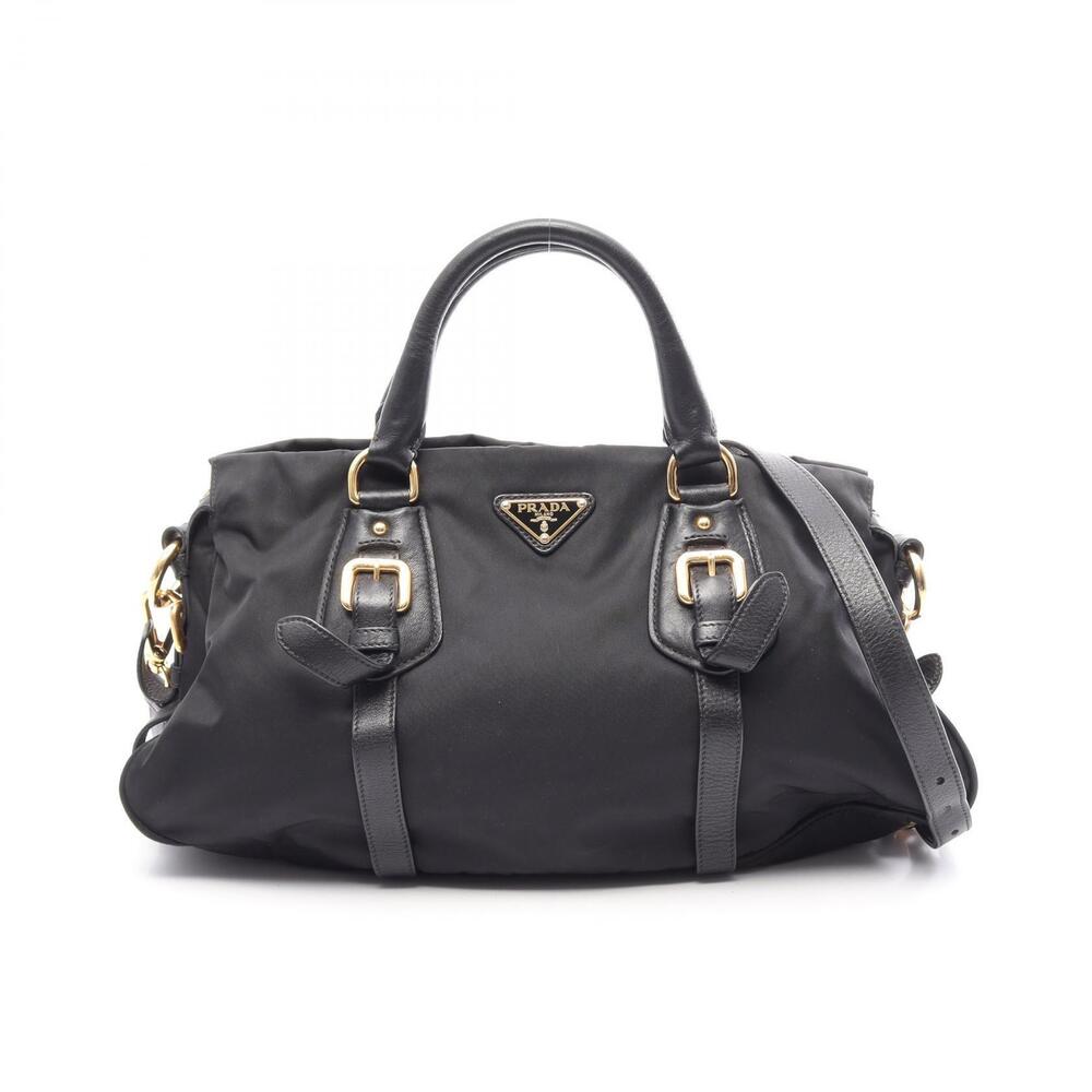 Prada Tessuto Calf Triangle Plate Leather Shoulder Bag Black